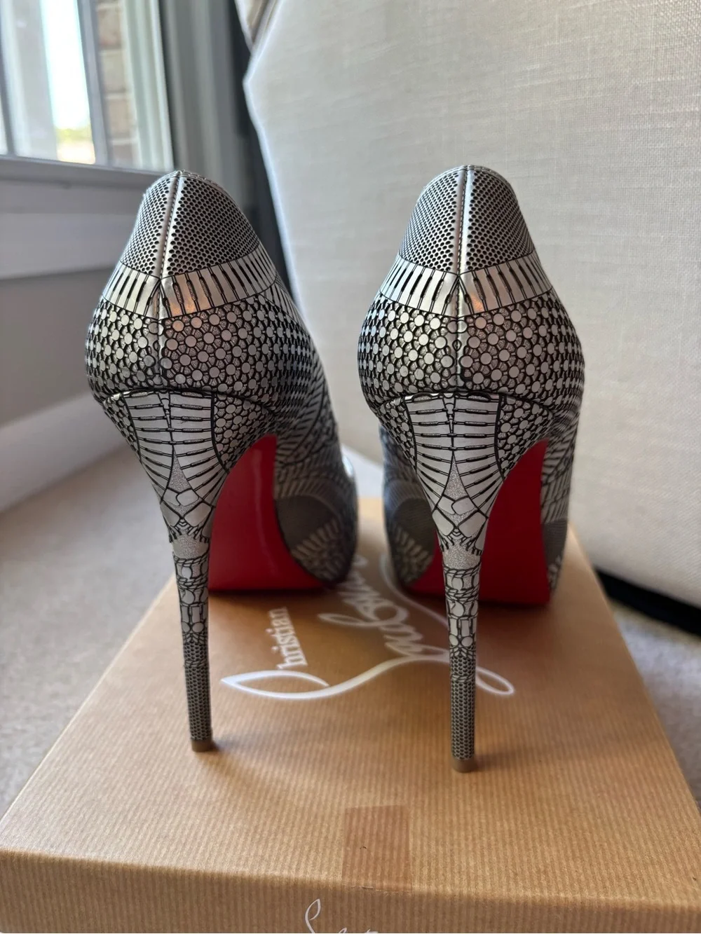 New! Christian Louboutin Suellena Laser Cut  Peep-Toe Stilettos